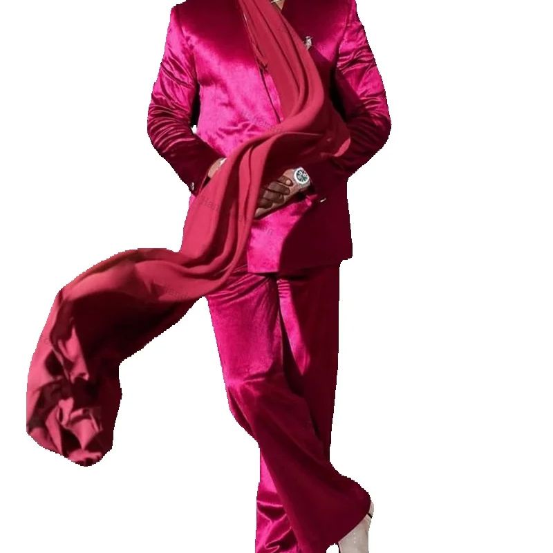 Men Formal Wear With Scarf - Розовый атласный мужской костюм, комплект из