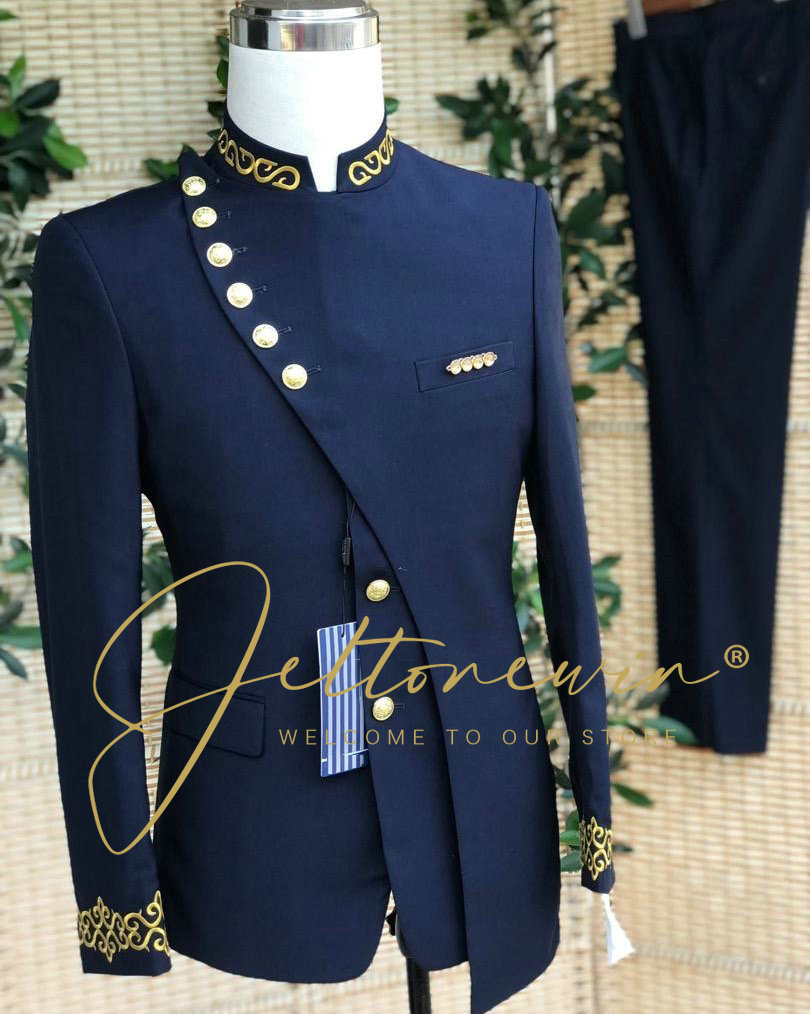 Men Formal Wear Blue - Мужской темно-синий костюм с золотой вышивкой
