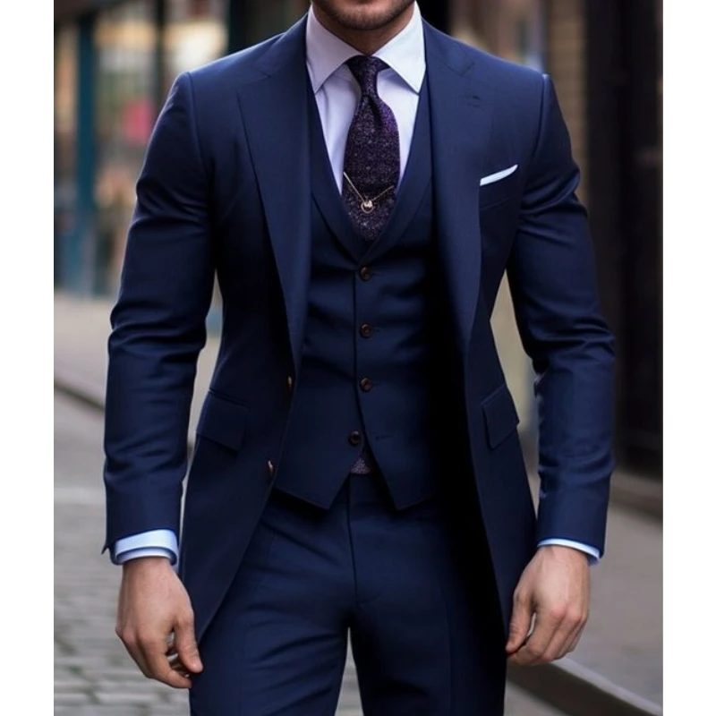 Men Formal Wear Blue - Темно-синий повседневный мужской костюм из 3
