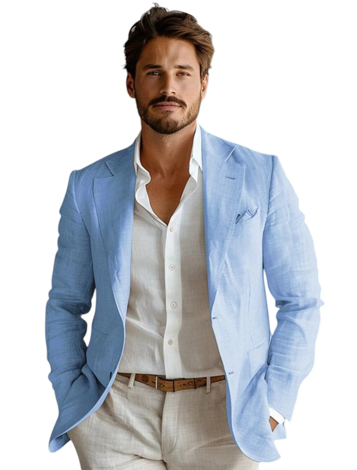 Men Formal Wear Blue - Синий приталенный мужской льняной пиджак для