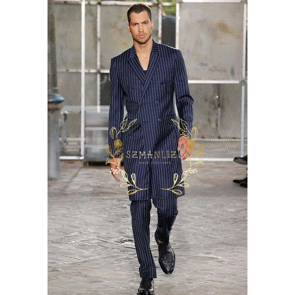 Men Formal Wear Blue - Мужской деловой костюм-двойка: темно-синий в полоску,